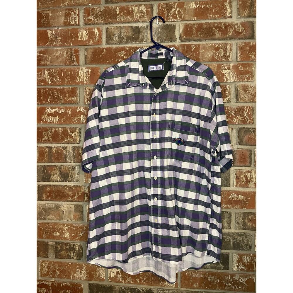 VTG Tower Bay 2XLT Short Sleeve Button Up Shirt Plaid Cotton Colorful 90s Dad